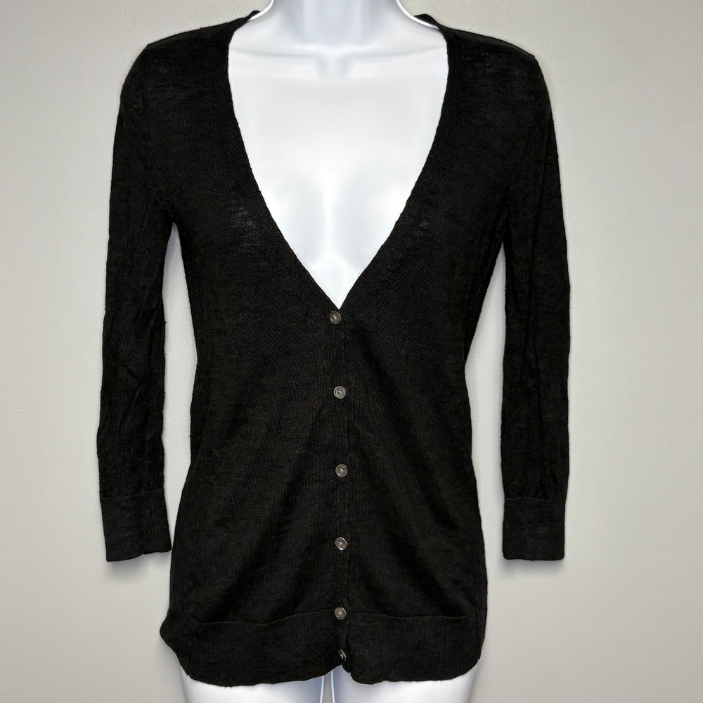 Banana Republic Black Linen Blend Semi-Sheer Academia Lightweight Cardigan Sz XS